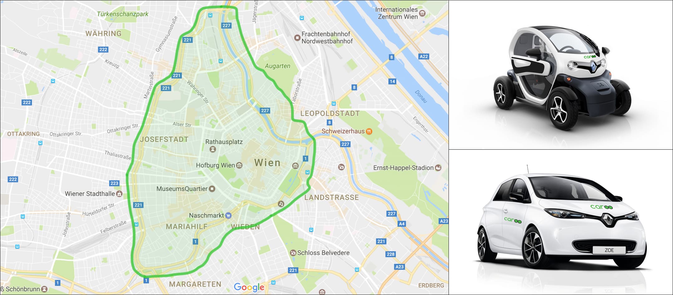 Caroo Geschäftsgebiet in Wien und die Fahrzeuge Renault Zoe und Renault Twizy mit Caroo Branding